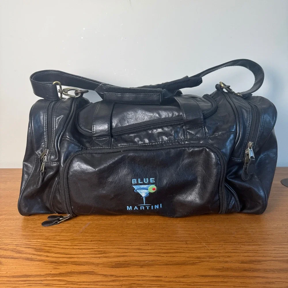 Y2K Blue Martini Black Leather Duffle Bag Travel Weekender Gym Luggage Vintage